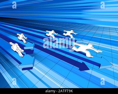 five men riding on fast diagram arrows in abstract business diagram Stock Vector