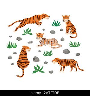 Set of tigers, leaves and stones. Vector illustration. Stock Vector