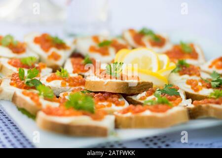 A large plate with sandwiches with caviar. Stock Photo