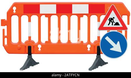 Obstacle detour barrier fence roadworks barricade, orange red and white luminescent stop signal, road works and mandatory keep right sign, isolated Stock Photo