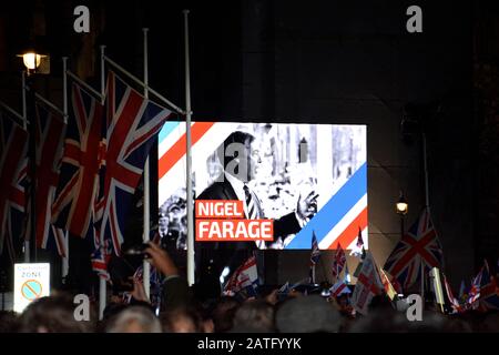 Nigel Farage of young appears on the Brexit Celebration screen during Brexit Night 31st January 2020. Stock Photo