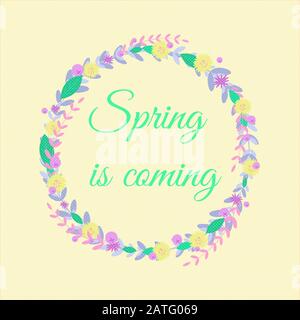 Words Spring with wreath ,branches,leaves .For sticker,poster,card.Seasonal vector Background.Green colors Stock Vector