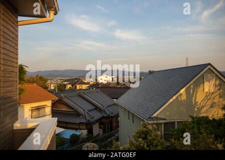 View over two-story homes in typical Japanese residential neighborhood Stock Photo