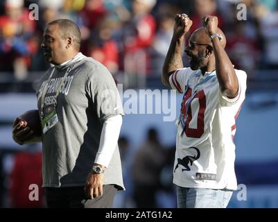 Hall of Famer and former San Francisco 49ers wide receiver Jerry Rice  speaks during a ceremony to retire his jersey number during halftime of an  NFL football game between the 49ers and