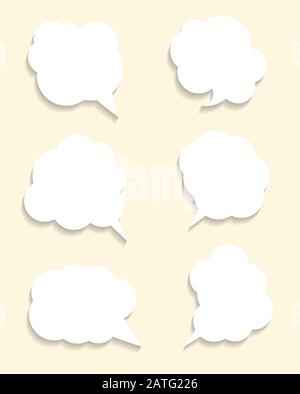 Set of six white speech bubbles with shadow on a yellow background. Stock Vector