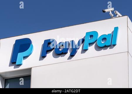 Jan 31, 2020 San Jose / CA / USA - Close up of PayPal logo at their headquarters in Silicon Valley; PayPal Holdings Inc. is an American company operat Stock Photo
