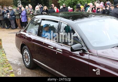 Sandringham, UK. 02nd Feb, 2020. Large crowds in attendance as Queen Elizabeth II attends the St. Peter & St. Paul Church Sunday morning service in West Newton, near Sandringham, Norfolk. Her Majesty also makes the short walk to the village hall, meeting lots of well-wishers who lined the route. West Newton, Norfolk, on February 2, 2020. Credit: Paul Marriott/Alamy Live News Stock Photo