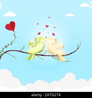 Two birds on a branch with red hearts Stock Vector