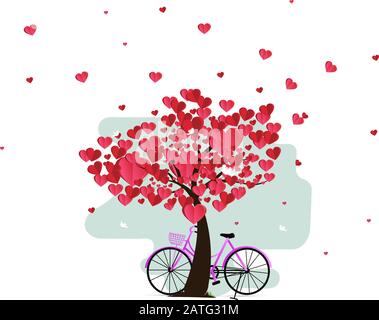 illustration of love and valentine day, bike and a tree made out of hearts. paper art and digital craft style. Stock Vector