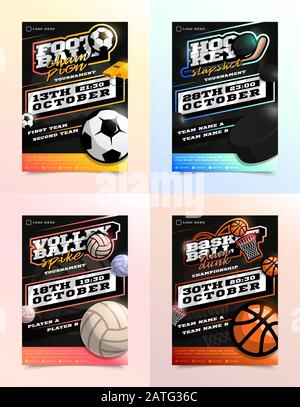 Sport Flyer Ad Set Vector. Soccer, football, hockey, volleyball, basketball emblem logotype. Design For Sport Bar Promotion Template. Modern Tournamen Stock Vector