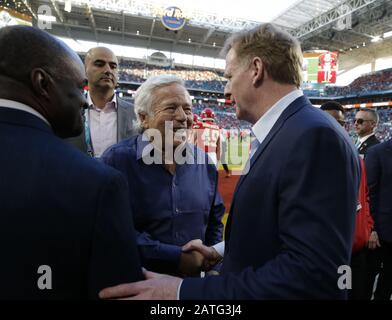 Miami Gardens, USA. 02nd Feb, 2020. New England Patriots owner Robert Kraft and NFL Commissioner Roger Goodell (R) arrive on the field of Super Bowl LIV at the Hard Rock Stadium in Miami Gardens on Sunday, February 2, 2020. Photo by John Angelillo/UPI Credit: UPI/Alamy Live News Stock Photo