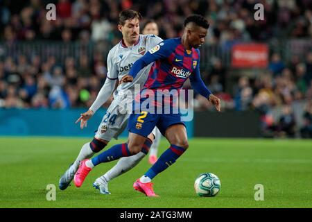 Barcelona, Spain. 02nd Feb, 2020. BARCELONA, SPAIN - FEBRUARY 02: Nelson Semedo of FC Barcelona in action with Jose Campana of Levante UD during the Liga match between FC Barcelona and Levante UD at Camp Nou on February 02, 2020 in Barcelona, Spain. Credit: Dax Images/Alamy Live News Stock Photo