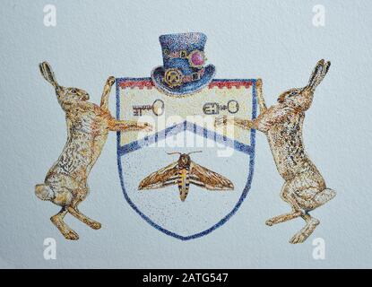 Ficticious Heraldic Shield - Coat of Arms  with steam punk theme in a pointillist style  with Moth Keys a top hat and 2 Hares Stock Photo