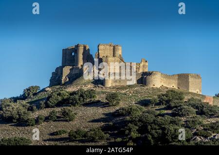 Aerial view of medieval castle ruin Pueble de Almenara in Cuenca Spain with concentric walls, semicircular towers and angle bastions Stock Photo