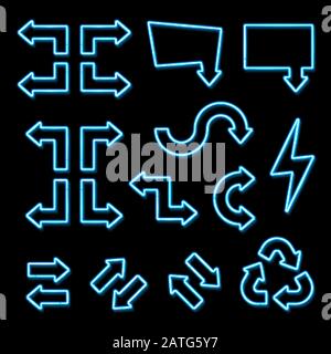 Blue neon 3d arrows set on black background. Shining led halogen lamp sign showing direction. Illuminated frame light pointer symbol. Circle recycling Stock Vector