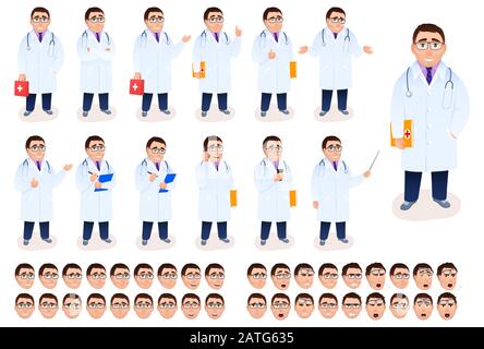 Flat male doctor character design set on white background. Medical staff in lab coat with stethoscope, first aid kit, emotion facial expressions. Heal Stock Vector