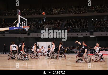 Tokyo, Japan. 2nd Feb, 2020. Japanese wheelchair basketball team members demonstrate a training session after the opening ceremony for the Ariake Arena in Tokyo on Sunday, February 2, 2020. Ariake Arena, 15,000 seats multiple purpose hall will be used for Olympic volleyball and Paralympic wheelchair basketball events. Credit: Yoshio Tsunoda/AFLO/Alamy Live News Stock Photo