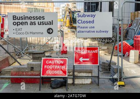 Engineering works at the Silicon Roundabout in London with barriers blocking access and information signs. Stock Photo