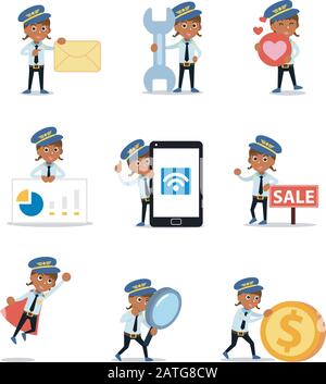 Set of character woman start in career of pilot. Stock Vector