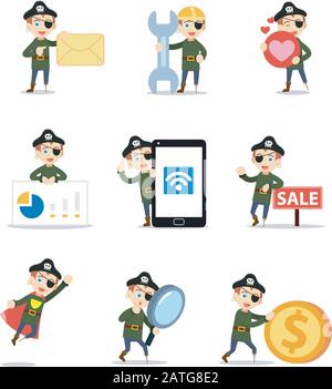 Set of character pirate man hunting treasure. Stock Vector