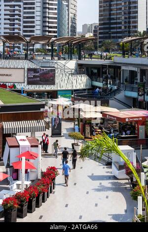 MIRAFLORES, LIMA, PERU - May 10, 2016: Beautiful view of Larcomar, a multilevel entertainment, food and shopping mega complex in Lima, Peru on May 10 Stock Photo