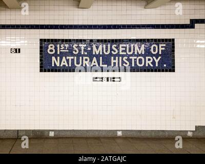 New York City - Jan 17, 2020: 81st Street Station Subway station in New York City. Leads into the Museum of Natural History. Stock Photo