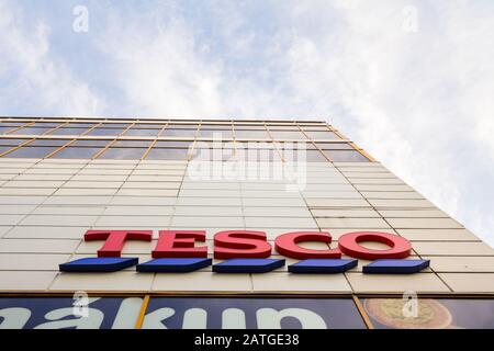 PRAGUE, CZECHIA - NOVEMBER 2, 2019: Tesco logo on their main supermaket in Szeged. Tesco is a british supermarket, groceries and general merchandise r Stock Photo