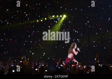 Miami Gardens, USA. 02nd Feb, 2020. Shakira performs during the half time show of Super Bowl LIV between the San Francisco 49ers and the Kansas City Chiefs at Hard Rock Stadium in Miami Gardens, Florida on Sunday, February 2, 2020. Photo by Kevin Dietsch/UPI . Credit: UPI/Alamy Live News Stock Photo