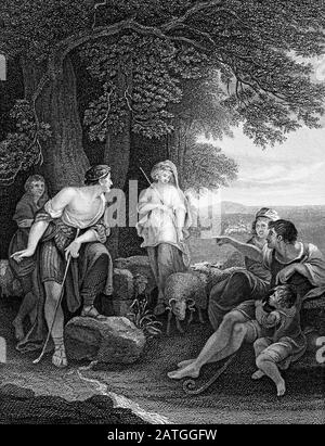 Engraving of Jacob meeting Rachel for the first time. From an edition ...