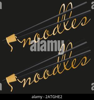 set minimalist black logo noodles and lettering gold Stock Vector