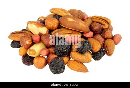 Group of mixed shelled nut kernels and raisins with Brazil nuts, peanuts, hazelnuts, almonds, pecan nuts isolated on a white background Stock Photo