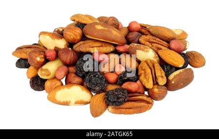 Group of mixed shelled nut kernels and raisins with Brazil nuts, peanuts, hazelnuts, almonds, pecan nuts isolated on a white background Stock Photo