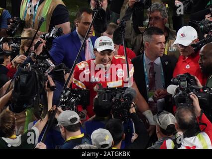 Miami, USA. 02nd Feb, 2020. Kansas City Chiefs quarterback and Most Valuable Player Patrick Mahomes (C) is all smiles after a 31-20 win over the San Francisco 49ers in Super Bowl LIV at the Hard Rock Stadium in Miami Gardens on Sunday, February 2, 2020. Photo by Jon SooHoo/UPI Credit: UPI/Alamy Live News Stock Photo