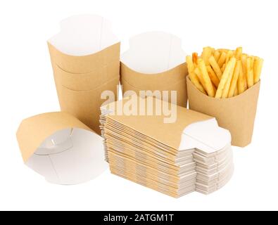 Cardboard French fry take away scoops isolated on a white background Stock Photo