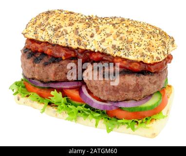 Double quarter pounder beefburger and salad sandwich isolated on a white background Stock Photo