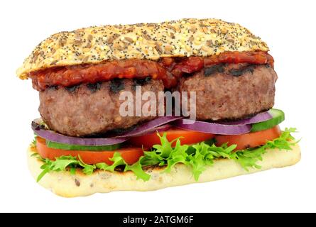 Double quarter pounder beefburger and salad sandwich isolated on a white background Stock Photo
