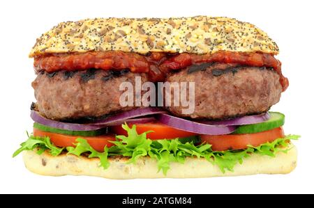Double quarter pounder beefburger and salad sandwich isolated on a white background Stock Photo