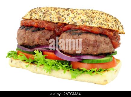 Double quarter pounder beefburger and salad sandwich isolated on a white background Stock Photo