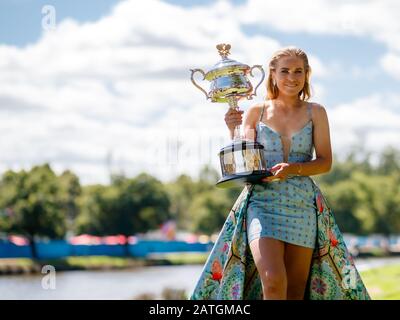 2020 Australian Open winner SOFIA KENIN (USA) at a photoshoot in Melbourne next to the Yarra River wearing a dress by Melbourne designer Jason Grech Stock Photo