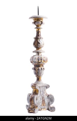 Antique Wooden Pricket Candlestick, Hand Carved, Gilded Italian Baroque Stock Photo