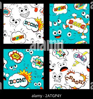 Set of seamless patterns with comic speech bubble, explosions and cartoon emoji faces in different expressions. Endless texture can be used for patter Stock Vector