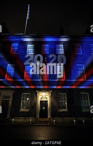 The countdown time is at 20:20, projected onto Number 10 Downing Street in Whitehall on the day the UK finally leaves the European Union today at 11.00pm, after a 2016 referendum saw the majority of voters wishing to leave the EU. It has since been dubbed Brexit. Brexit, London, January 31, 2020 Stock Photo