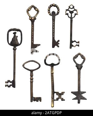 Set of vintage keys. Objects isolated on white background Stock Photo