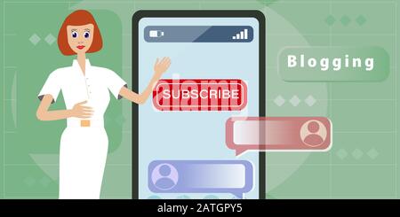 Blog channel concept and poster design. Vector illustration of blogging content. Blogger girl with smartphone, subscribe button and chat elements Stock Vector