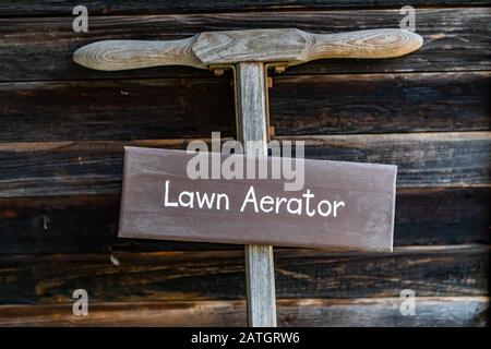 Antique lawn aerator. Old vintage agricultural technologies of the past century in the museum, Kootenays, British Columbia, Canada Stock Photo