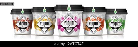 Yogurt vector packaging design. Fruit and nuts yogurt set. Stock Vector