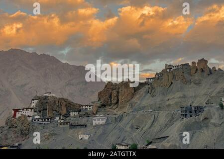 DHANKAR MONASTERY at Sunset, Spiti Valley, Himachal Pradesh, India Stock Photo