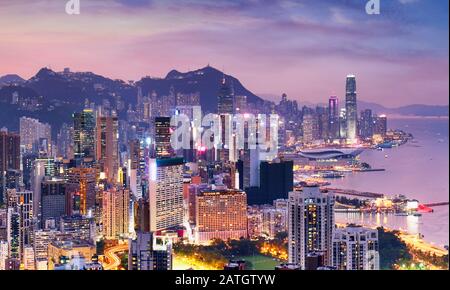 Dramatic sunrise of Hong Kong, China - panorama skyline Stock Photo