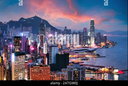 Hong Kong - Victoria harbour at sunset Stock Photo