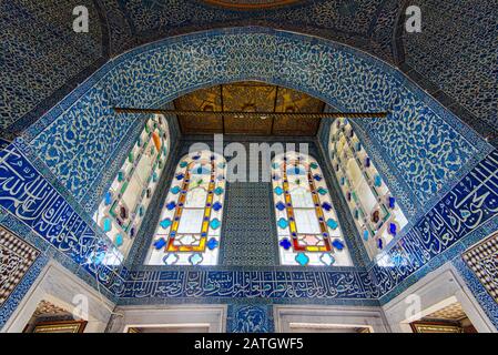 ISTANBUL - JAN 01: Interiors of Topkapi Palace and stained-glass windows in Istanbul on January 01. 2020 in Turkey